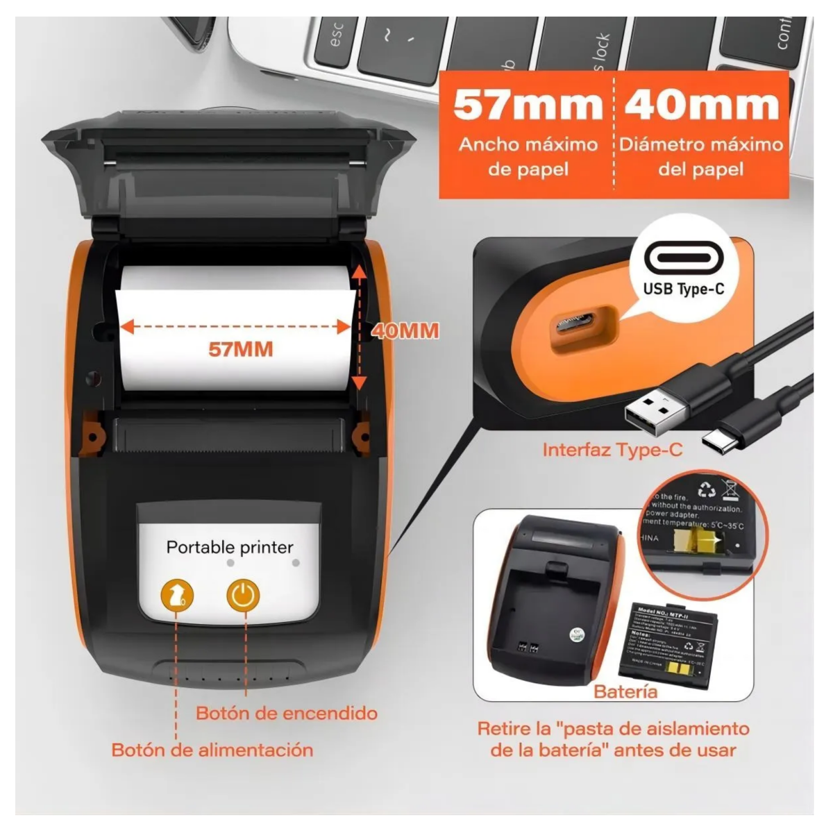 Impresora Térmica Portátil (58 Mm), Naranja