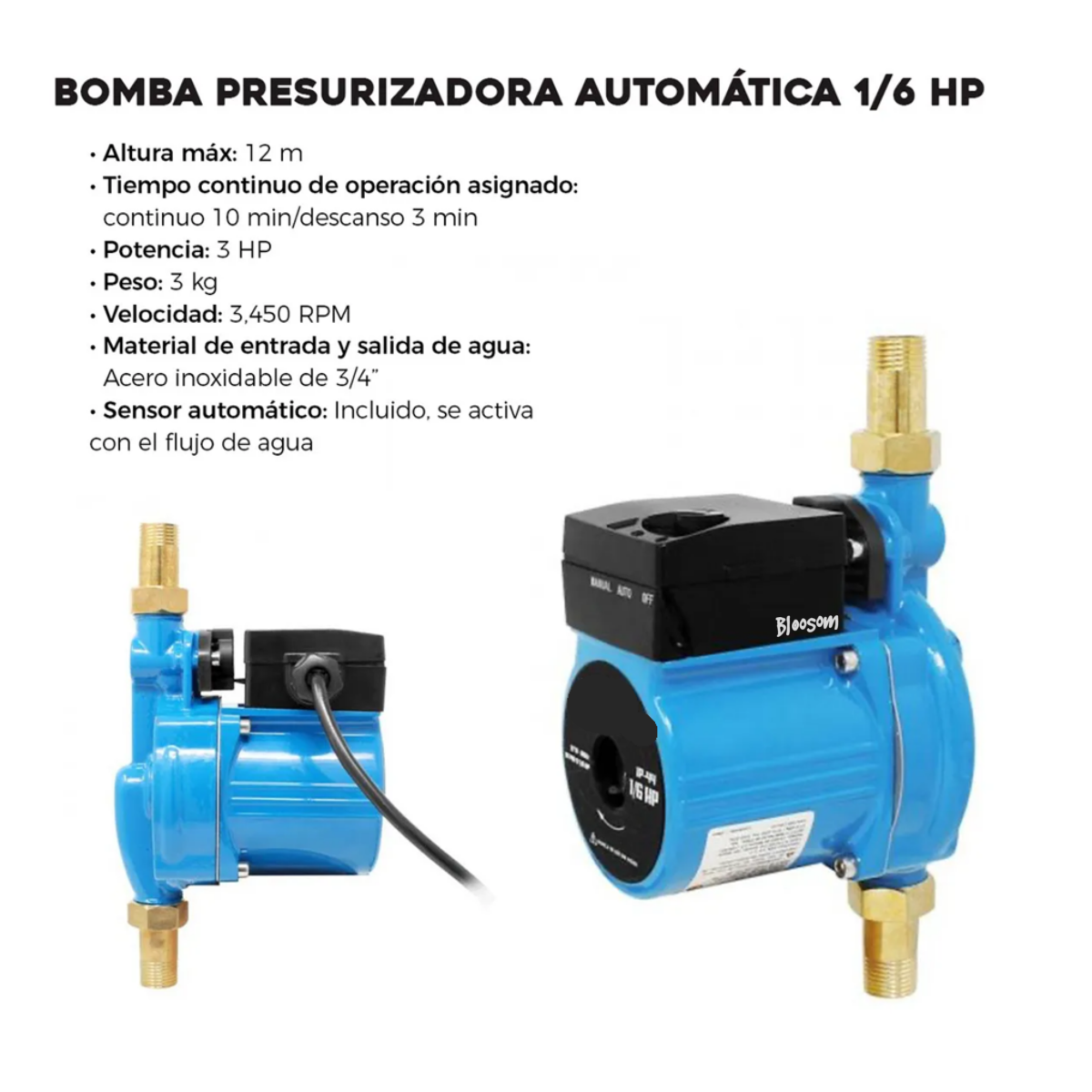 Bomba Presurizadora 140 W Automática 1/6 Hp Aumenta Presión, Azul