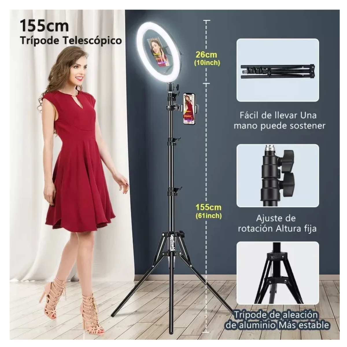 Aro De Luz Led Con 10 En 3 Tonos Y Trípode De 1.70 M, Negro