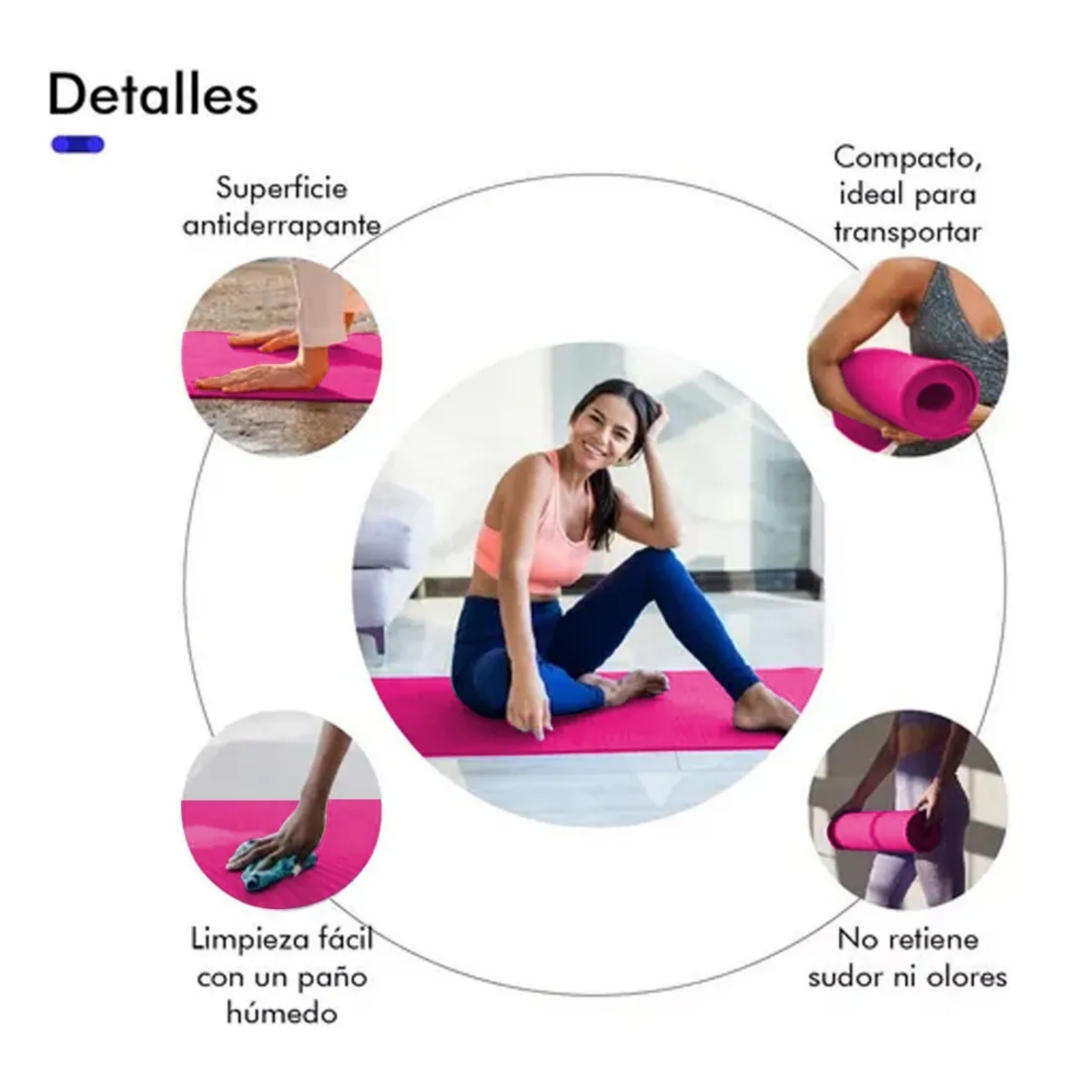 Tapete Yoga Pilates Fitness Ejercicio Portátil 10mm Grosor, Rosa