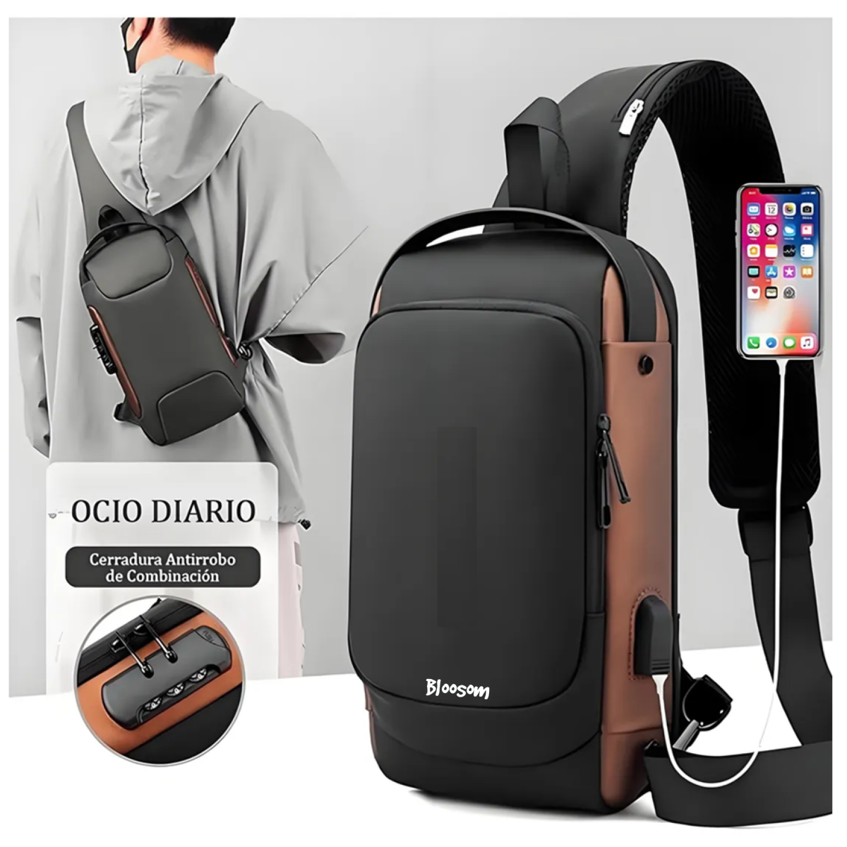 Mochila Cruzada Antirrobo Pechera Mariconera Calidad Con Usb Negro Café