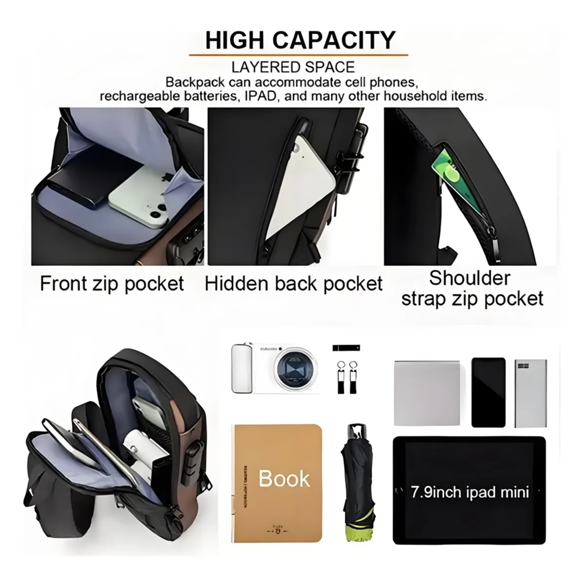 Mochila Cruzada Antirrobo Pechera Mariconera Calidad Con Usb Negro Café