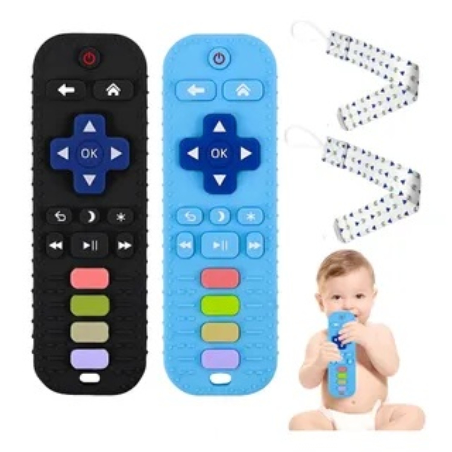 Mordedor De Silicona Para Bebé Con Forma De Control Remoto Azul y negro