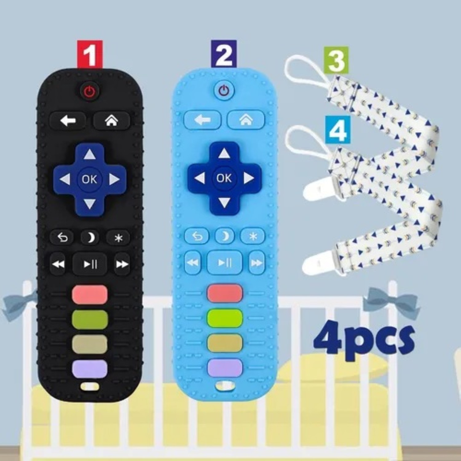 Mordedor De Silicona Para Bebé Con Forma De Control Remoto Azul y negro