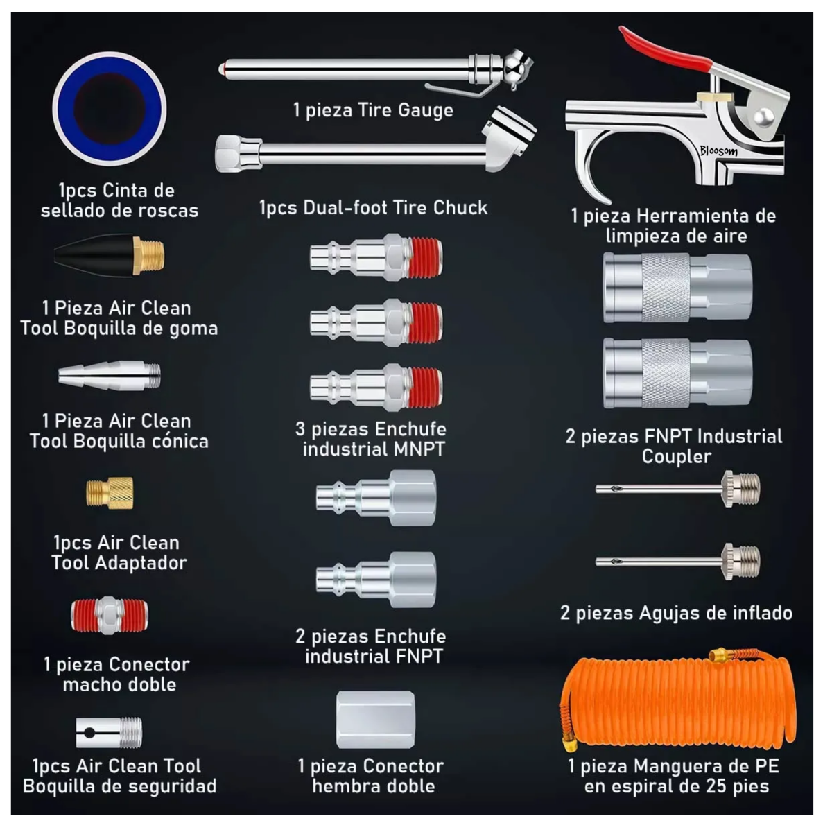 Kit Accesorios Aire Para Compresor Con Manguera 20 Piezas, Multicolor