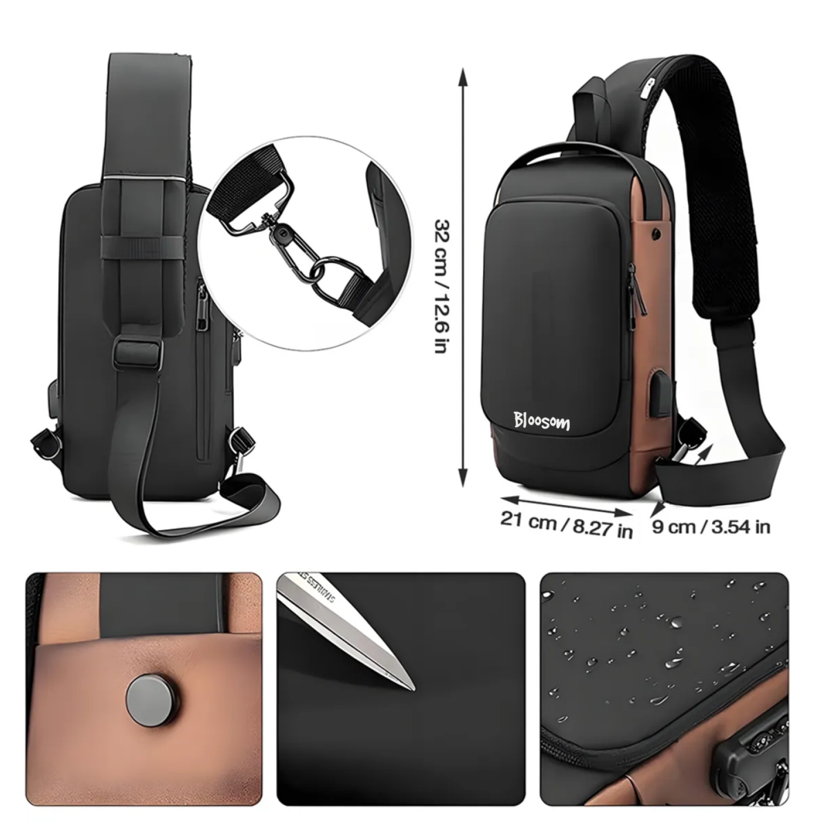 Mochila Cruzada Antirrobo Pechera Mariconera Calidad Con Usb Negro Café