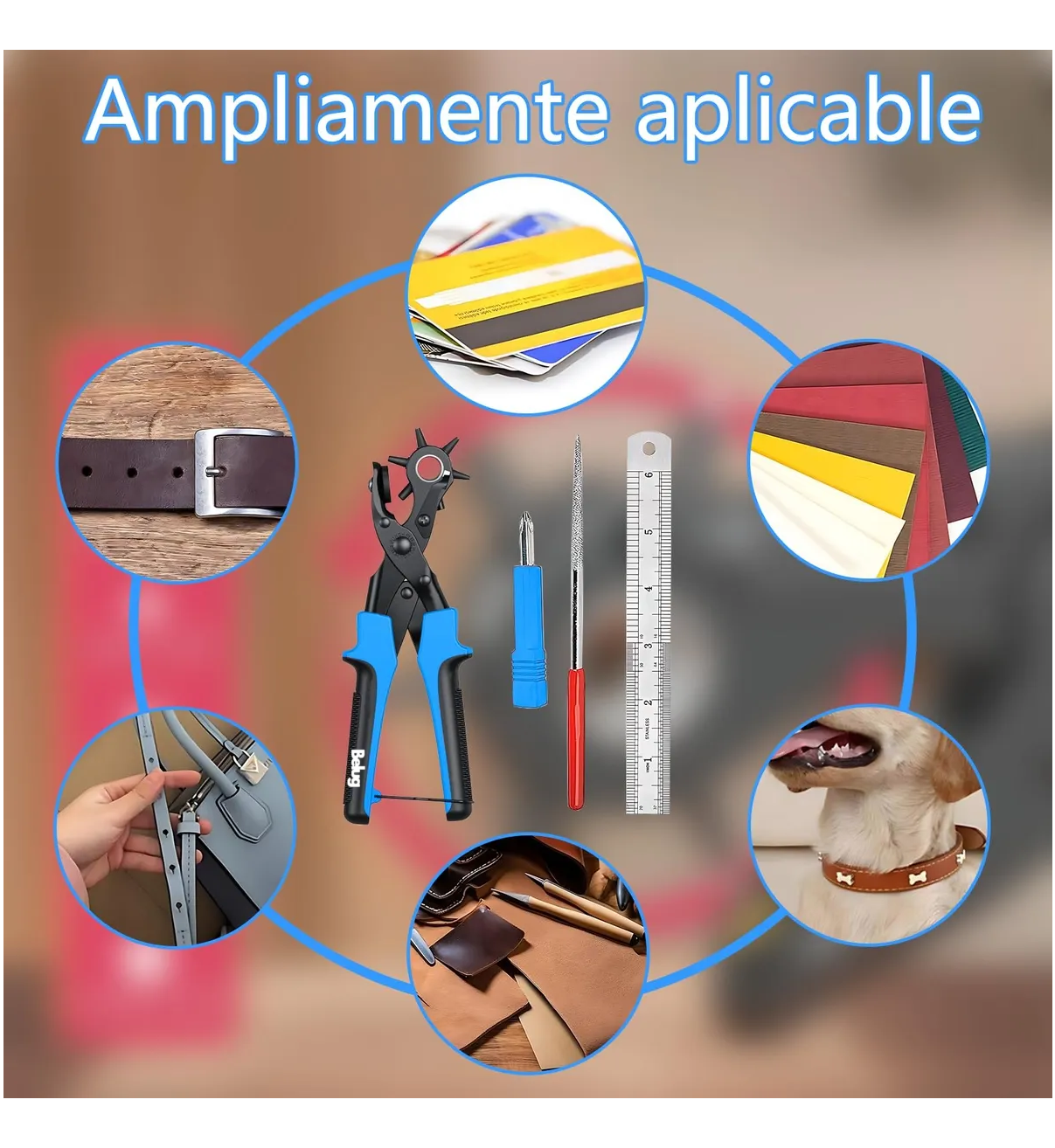Kit Pinza Sacabocados Ojilladora Belug Perforadora Para Cinturón. Azul