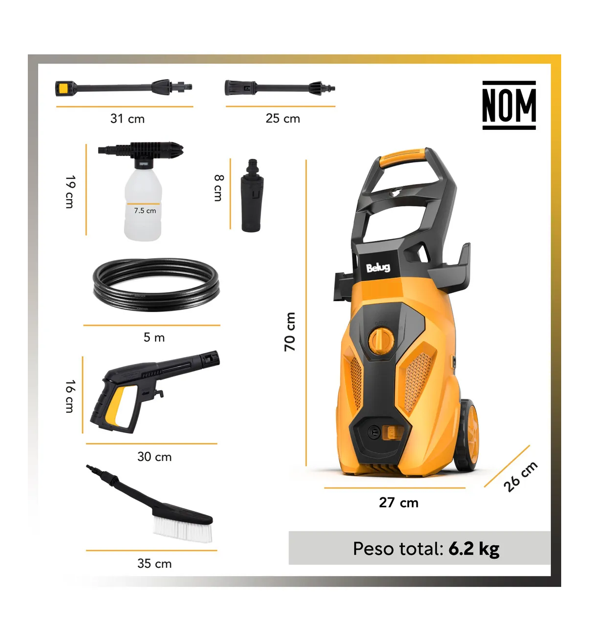 Hidro Lavadora Eléctrica Alta Presión Belug 2000 Psi 1600W Compacta Accesorios Color amarillo