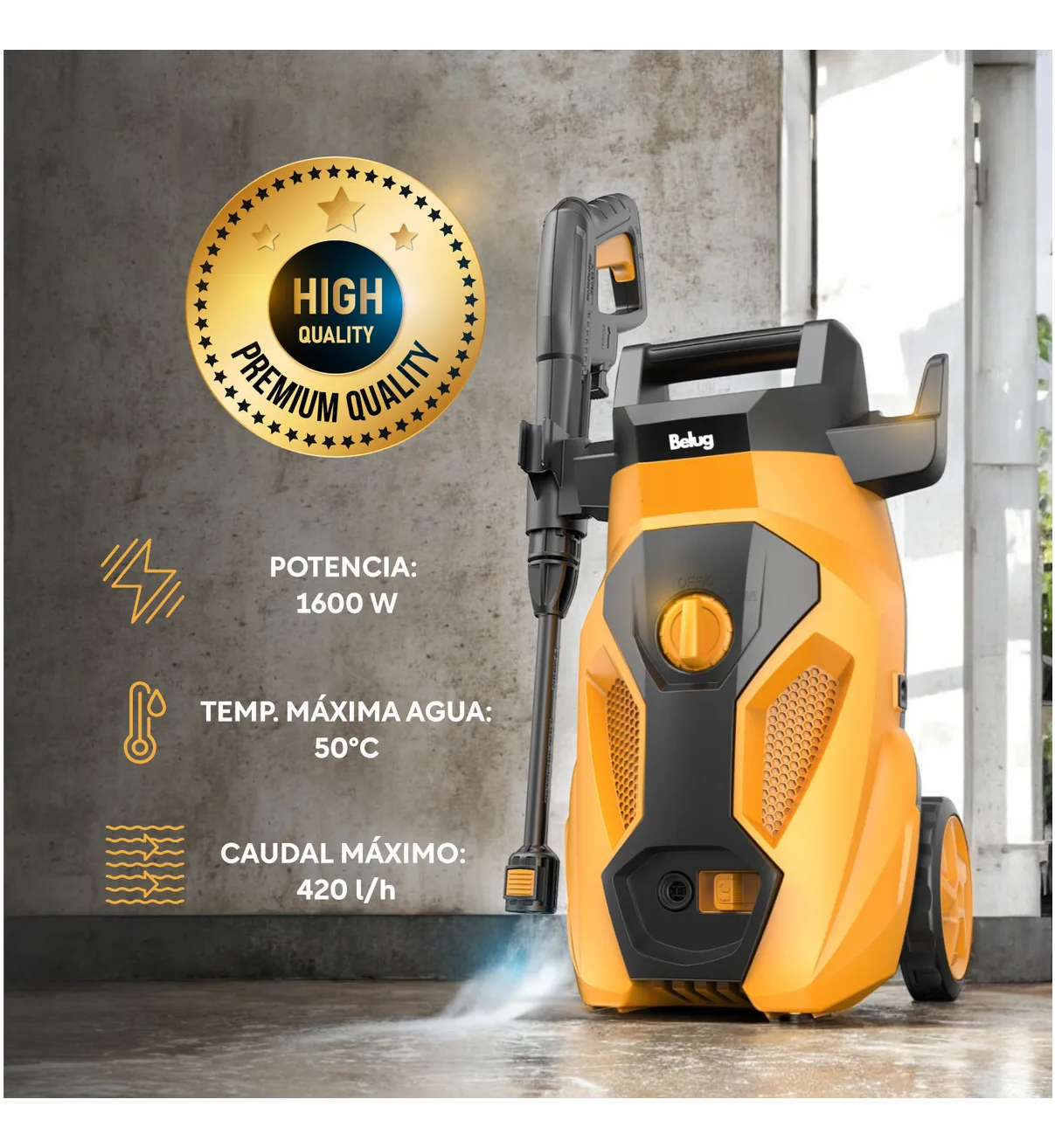 Hidro Lavadora Eléctrica Alta Presión Belug 2000 Psi 1600W Compacta Accesorios Color amarillo