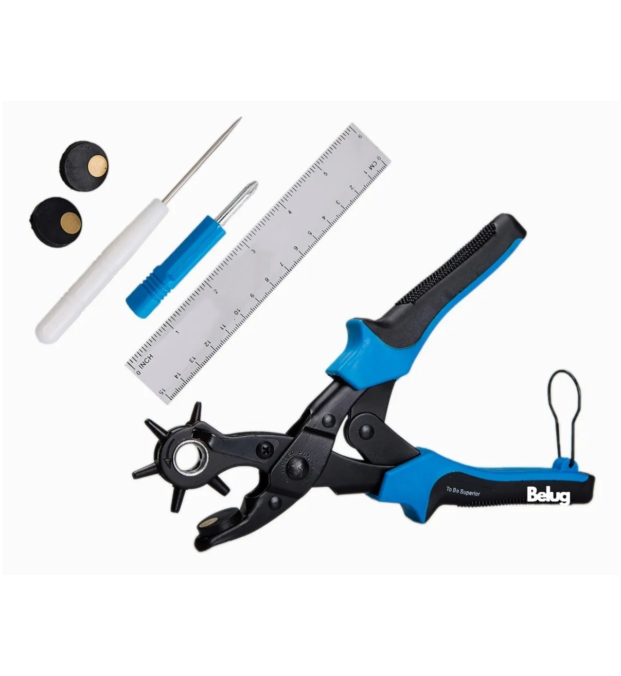 Kit Pinza Sacabocados Ojilladora Belug Perforadora Para Cinturón. Azul