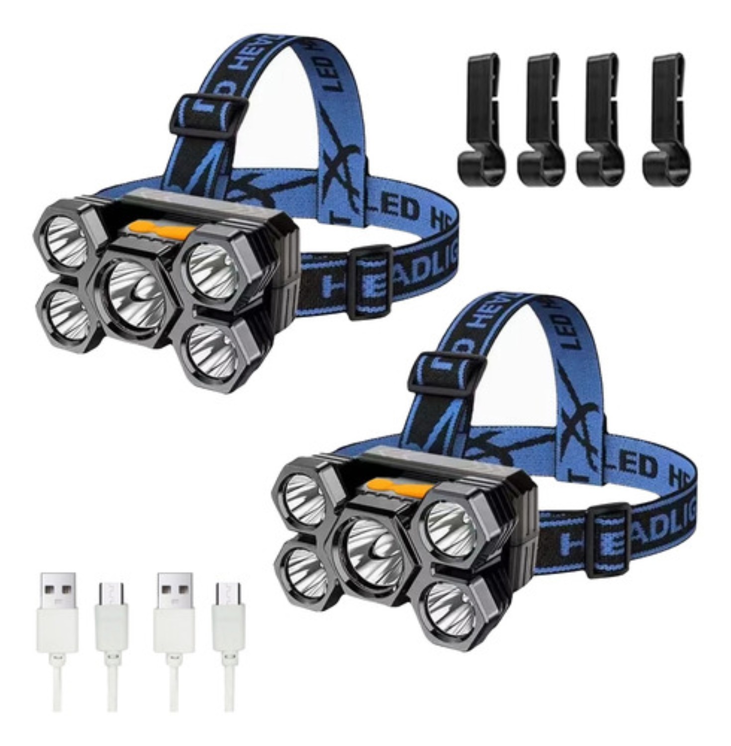 2pcs Lámpara Cabeza Recargable Usb 5 Led Lampara Minera Azul