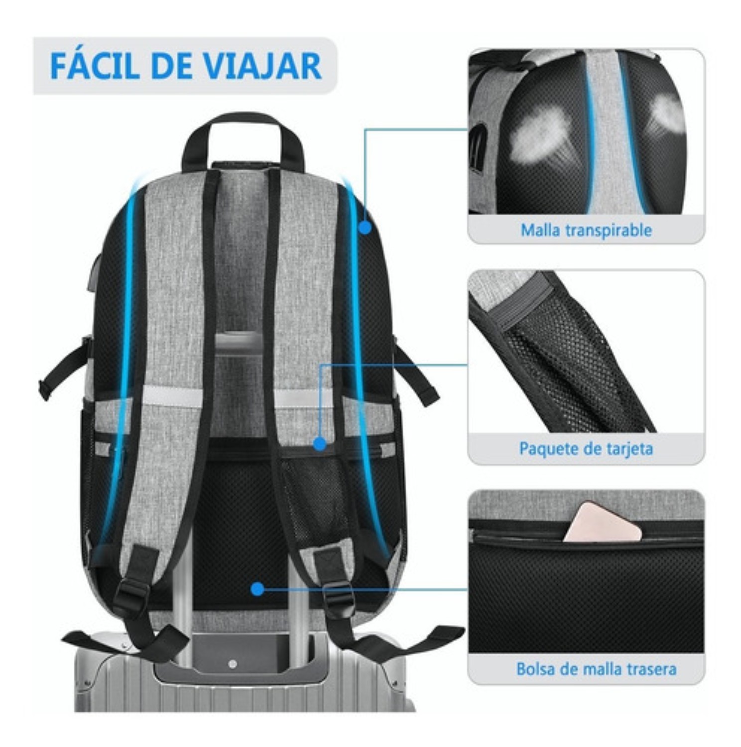 Mochila Antirrobo Superior Negocios Impermeable 35l  Gris Dos cierres