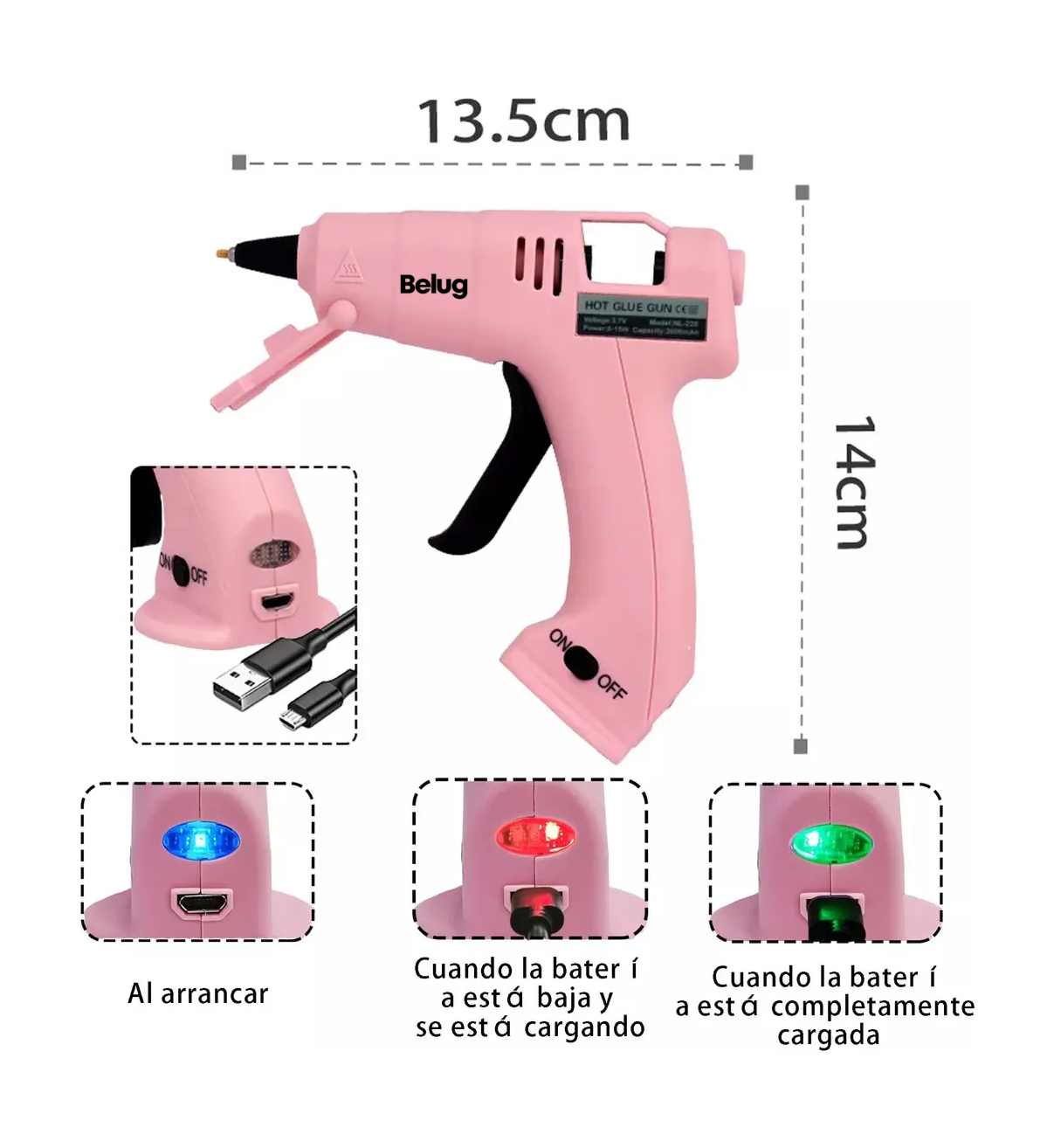 Pistola De Silicona Eléctrica E Inalámbrica Belug Con Usb Rosa