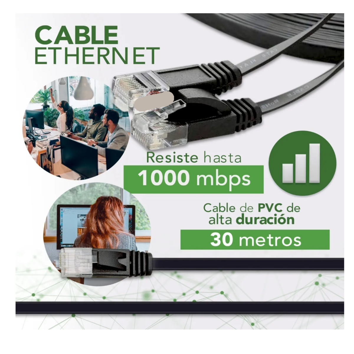 Cable Red Plano Categoria 6 Cat6 Rj45 Utp Ethernet 30 Metros, Negro