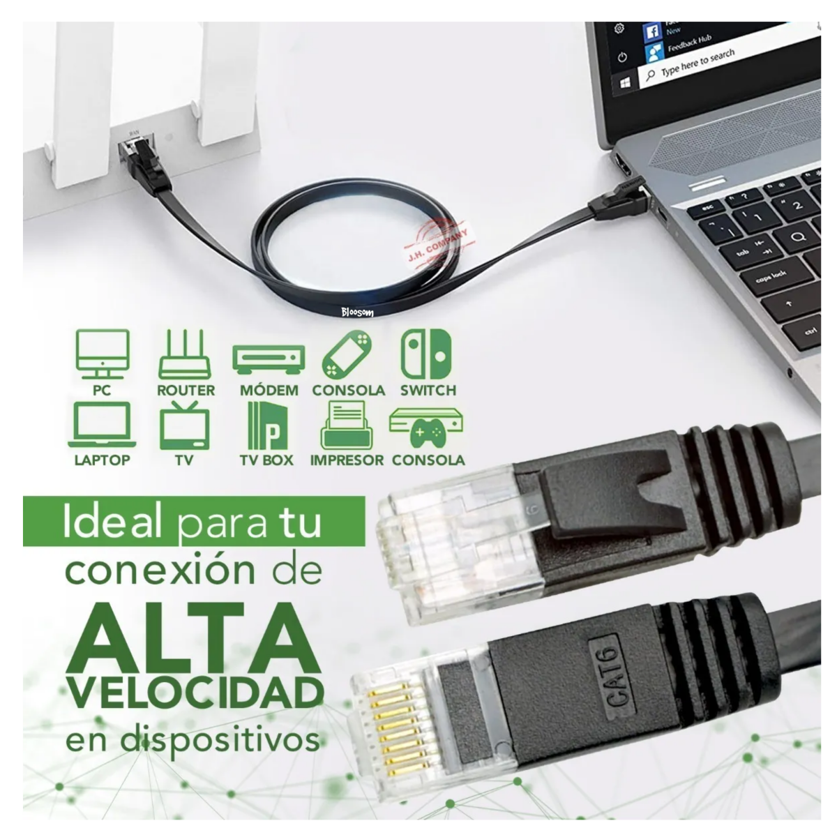 Cable Red Plano Categoria 6 Cat6 Rj45 Utp Ethernet 30 Metros, Negro