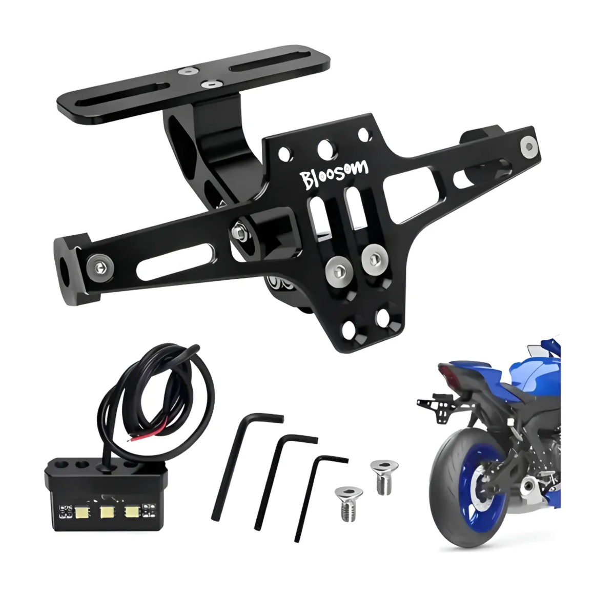 Porta Placa Universal Para Moto Ajustable Con Luz Led R6 Ns Negro