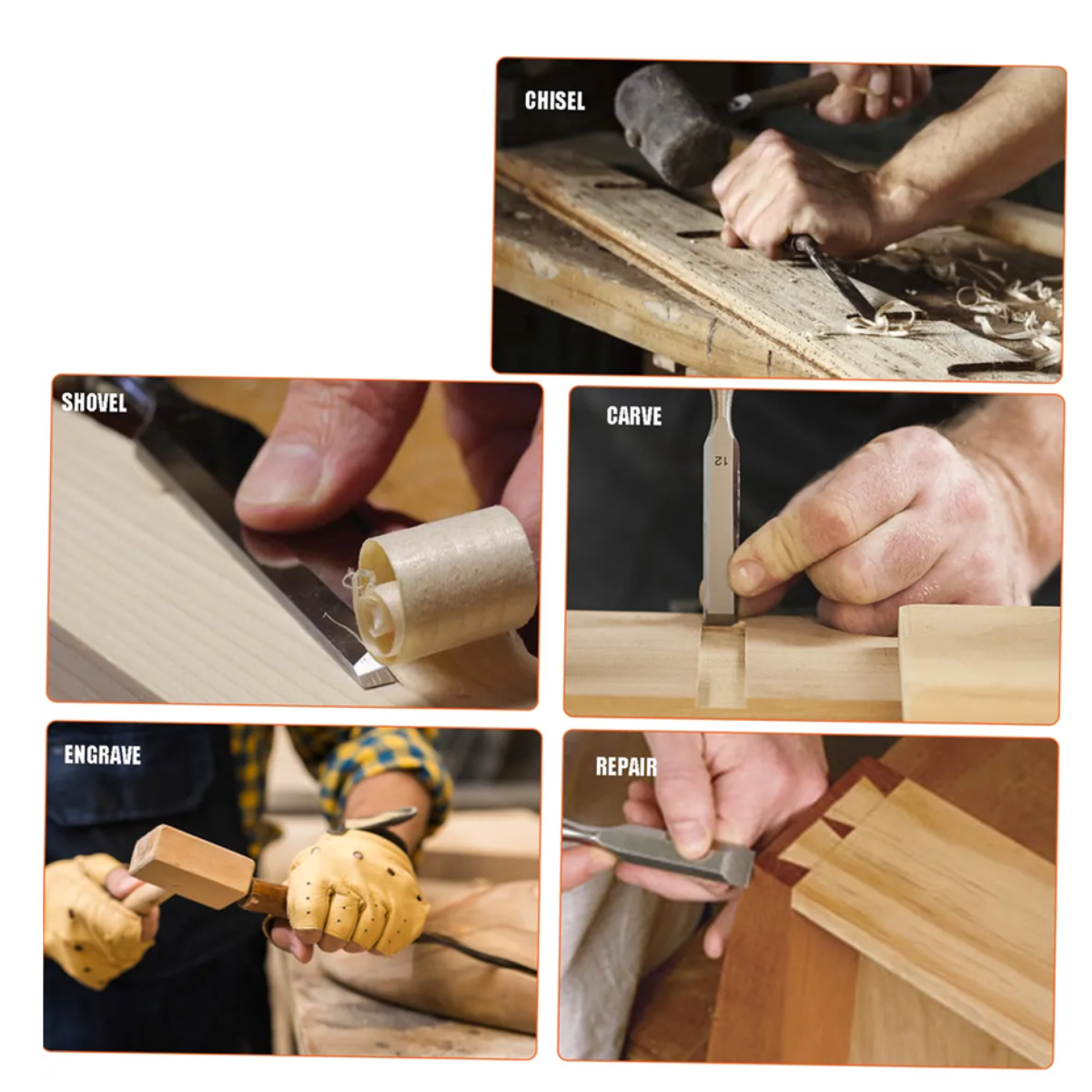 Juego De 10 Cinceles De Madera Para Carpintería, negro con naranja