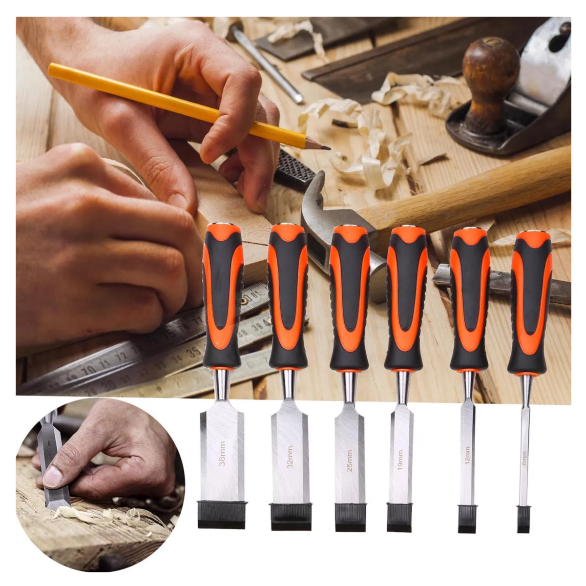 Juego De 10 Cinceles De Madera Para Carpintería, negro con naranja