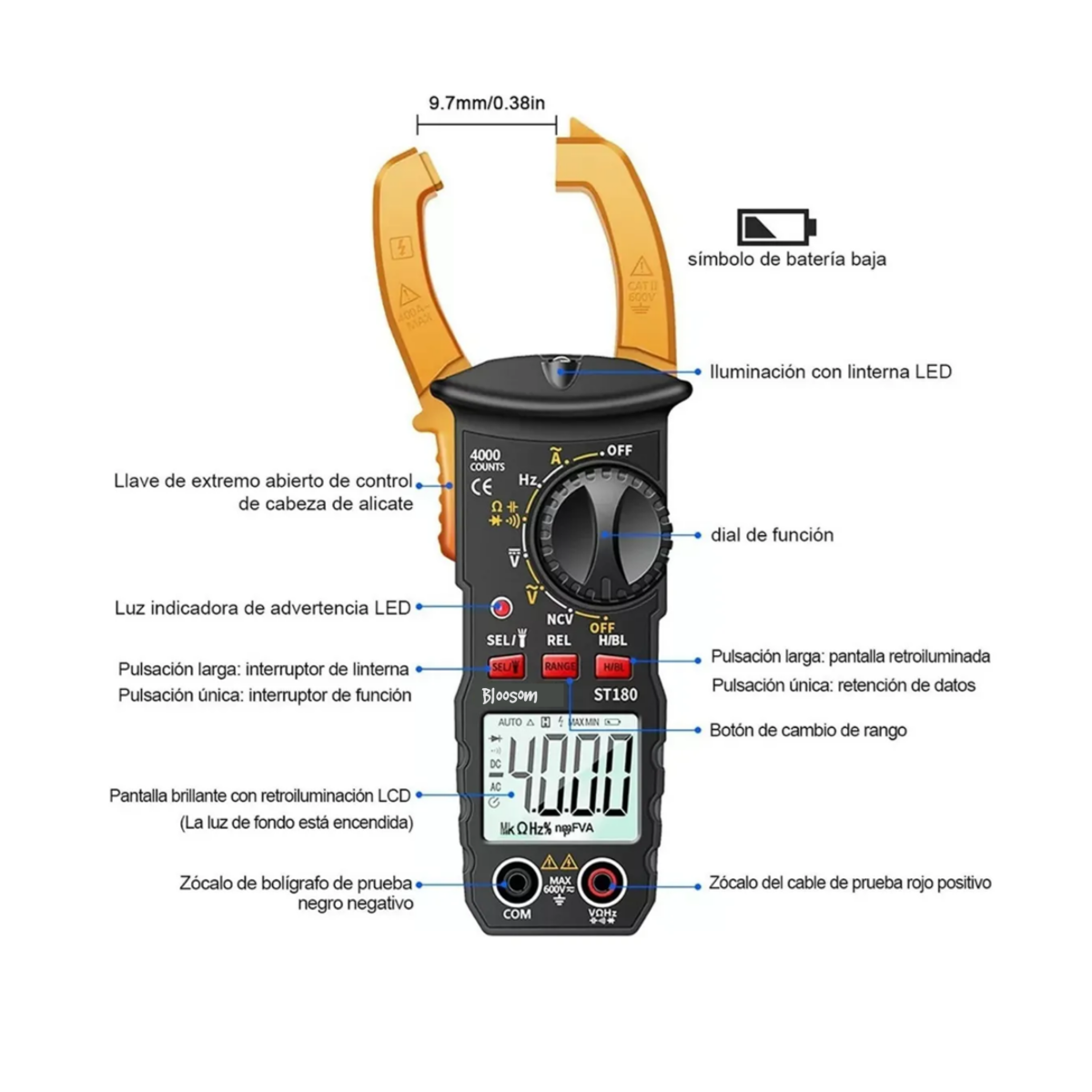 Multímetro Digital De Pinza Portátil De 4000 Cuentas Con Lcd, Amarillo