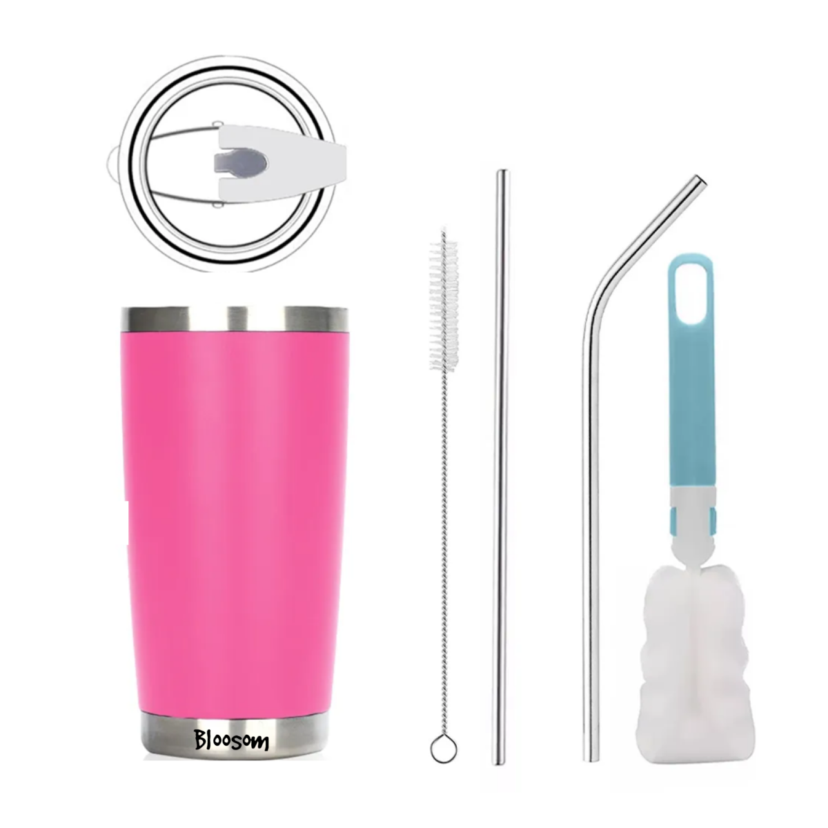 Vaso Térmico De 20oz Acero Inoxidable Con Popote Y Cepillo Rosa