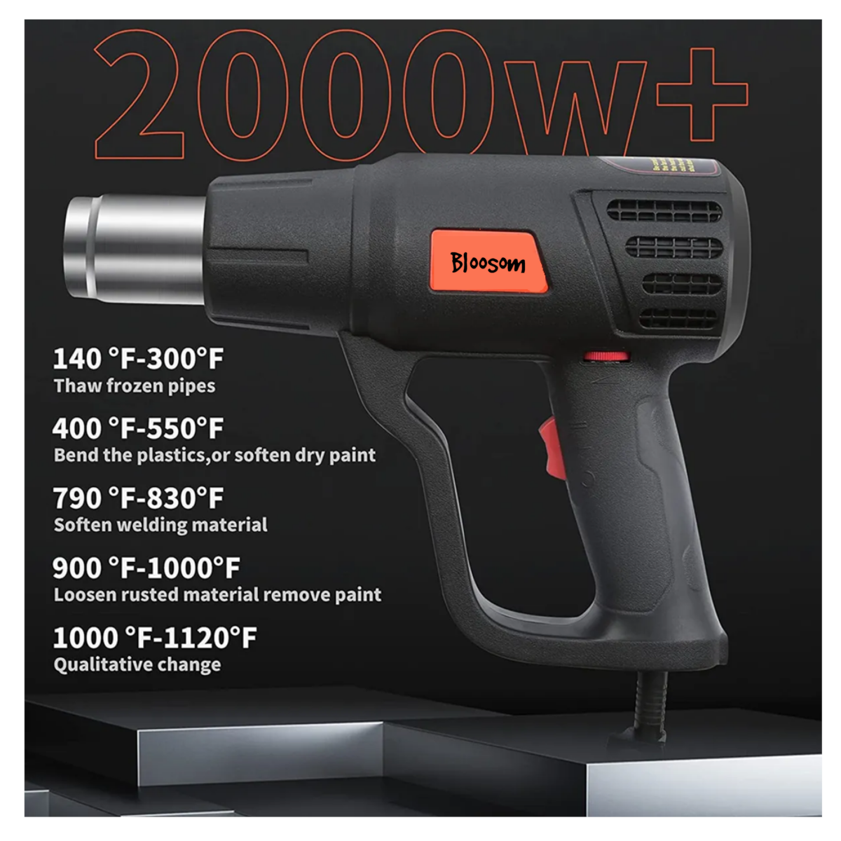 Pistola De Calor De 2000w Temperatura Regulable, Negro
