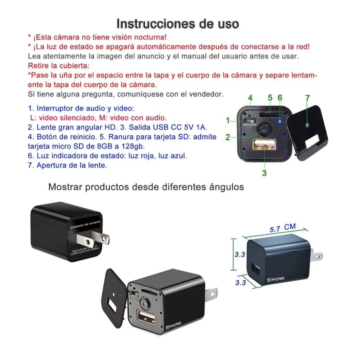Cámara Wifi Con Cargador Inteligente Usb Con Lente Hd, Negro