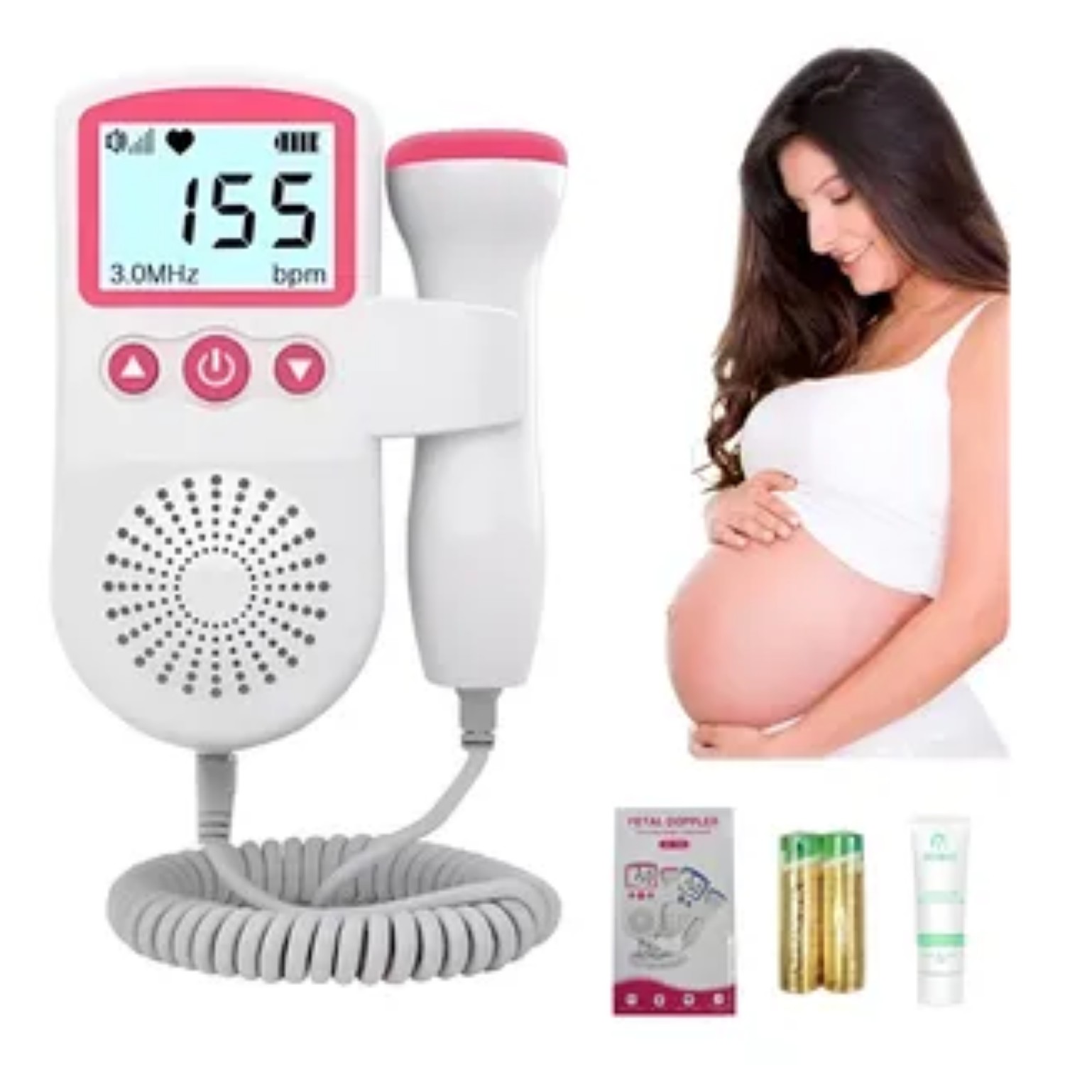Detector De Frecuencia Cardíaca Fetal Doppler +gel Batería Blanco Rosa