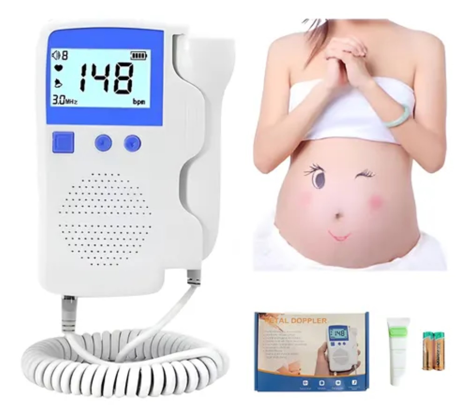 Detector De Frecuencia Cardíaca Fetal Doppler +gel Batería Blanco Azul