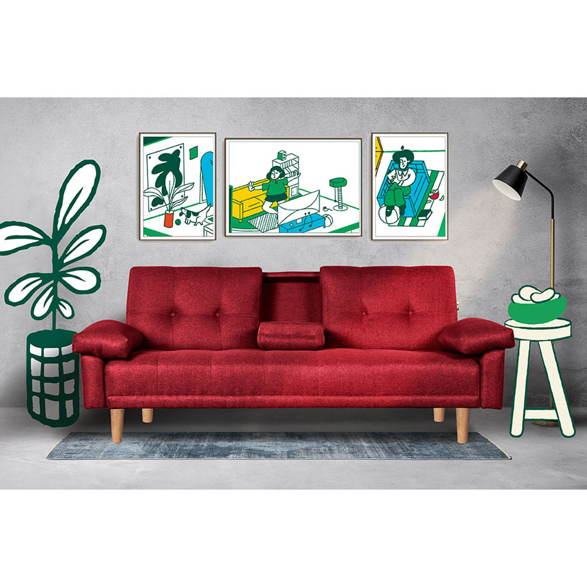 Sofá Cama Makora Hendrix con Memory Foam, Color Rojo, Respaldo Reclinable de 3 Posiciones