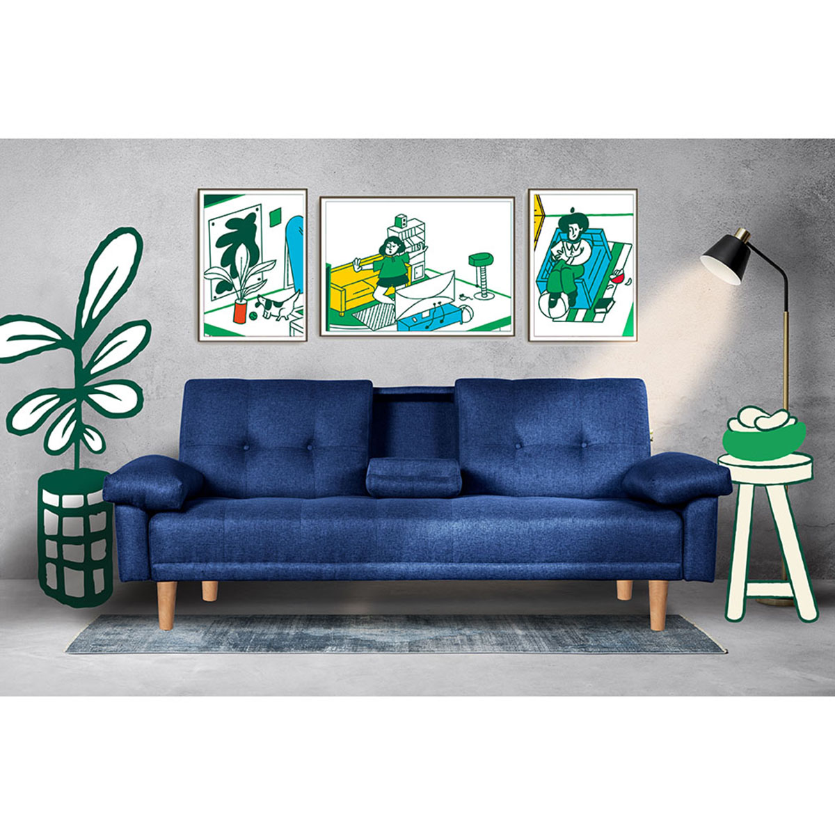 Sofá Cama Makora Hendrix con Memory Foam, Color Azul, Respaldo Reclinable de 3 Posiciones