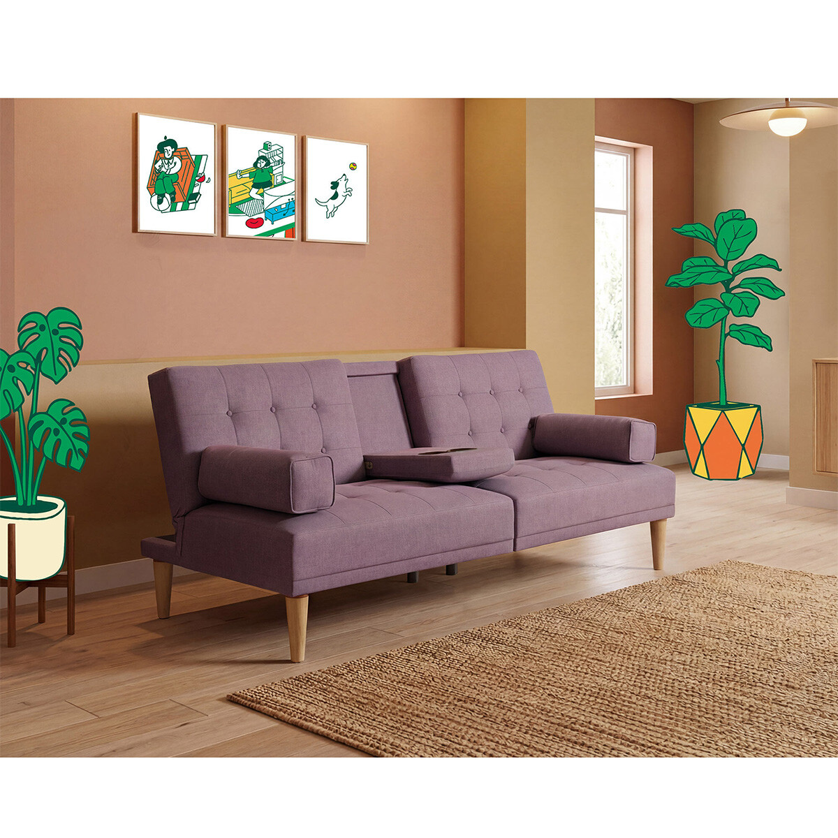 Sofá Cama Makora Queen con Memory Foam, Color Palo de Rosa Lino, Respaldo Reclinable de 3 Posiciones
