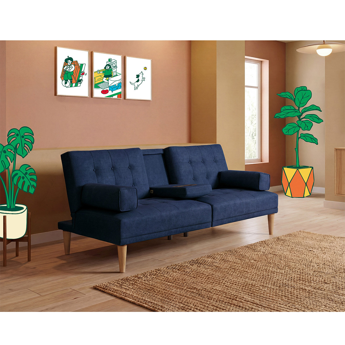 Sofá Cama Makora Queen con Memory Foam, Color Azul Lino, Respaldo Reclinable de 3 Posiciones