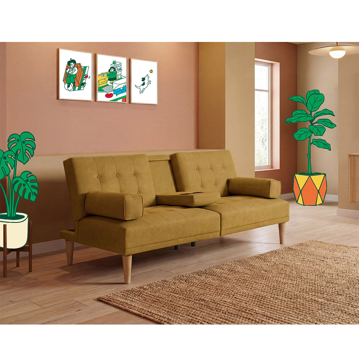 Sofá Cama Makora Queen con Memory Foam, Color Mostaza Lino, Respaldo Reclinable de 3 Posiciones