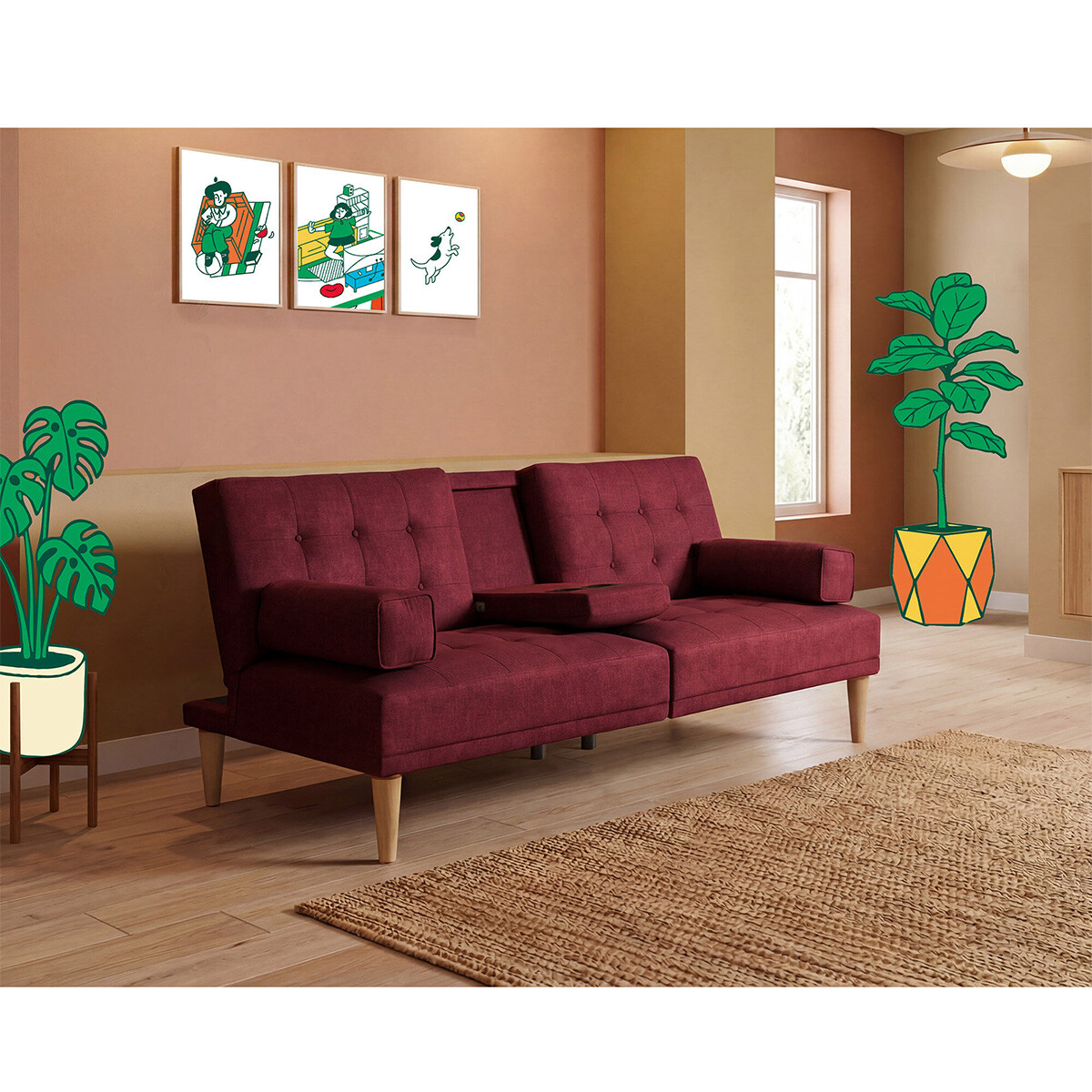 Sofá Cama Makora Queen con Memory Foam, Color Rojo Lino, Respaldo Reclinable de 3 Posiciones