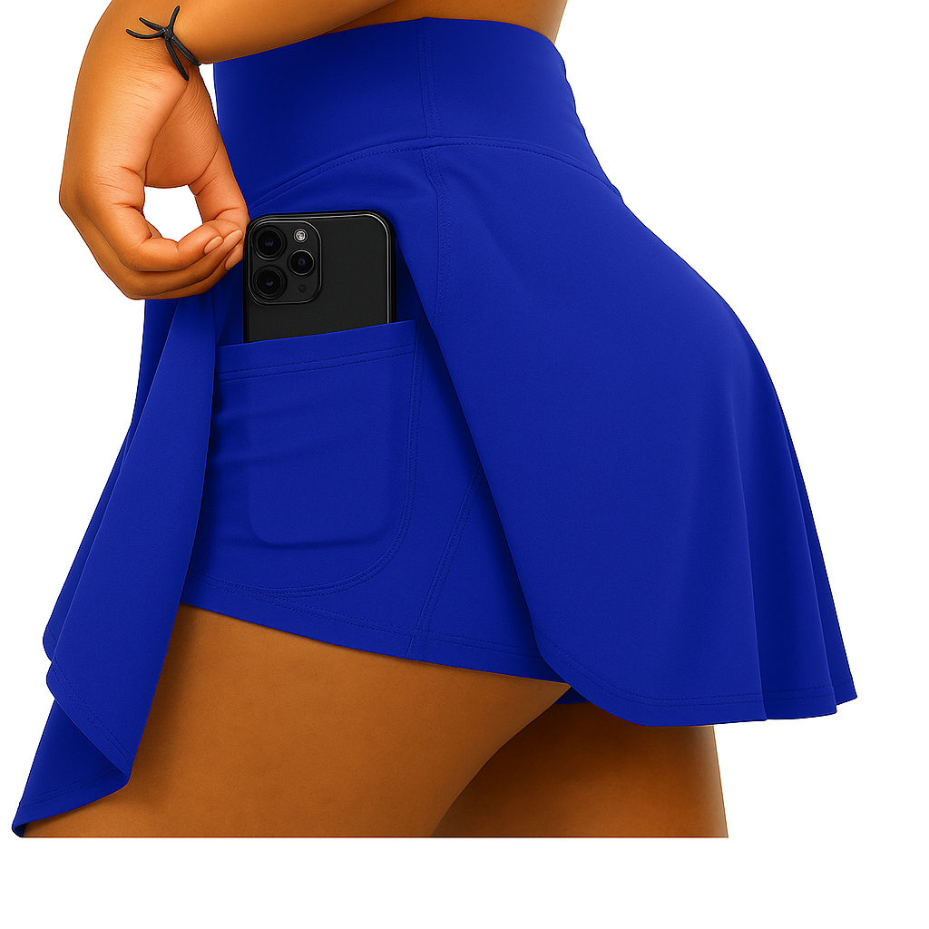 FALDA SHORT LICRA DEPORTIVA PREMIUM  MUJER PARA TENIS, YOGA, FIT, GOLF, GYM, GIMNASIA, ATLETISMO, SENDERISMO, ACTIVIDADES AL AIRE LIBRE CON BOLSO INTEGRADO 2 EN 1 COLOR AZUL REY