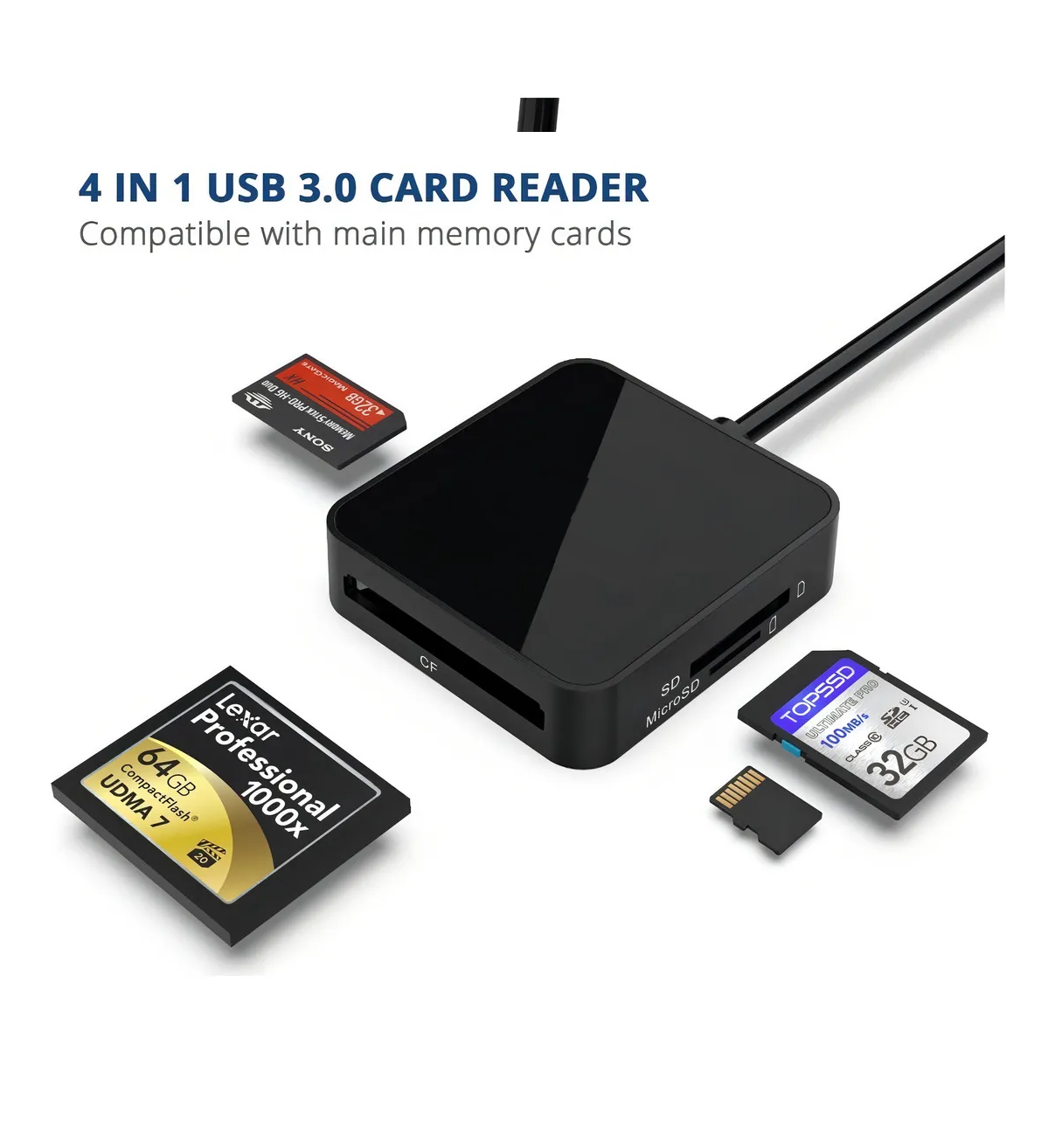 Lector de Tarjetas SD 4 En 1, USB 3.0 de 5Gbps Para Tarjetas de Memoria Malubero Color Negro
