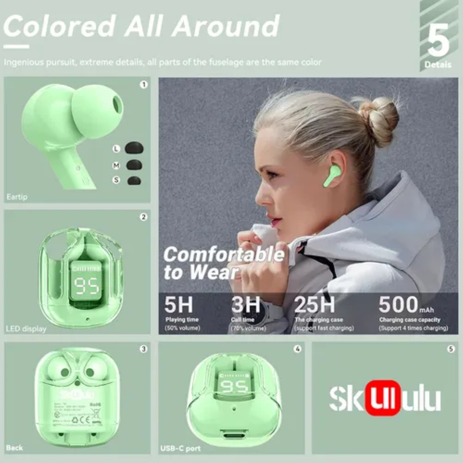 Audífonos Inalámbricos Bluetooth 5.3 Tws Hifi Hd Auriculares Verdes