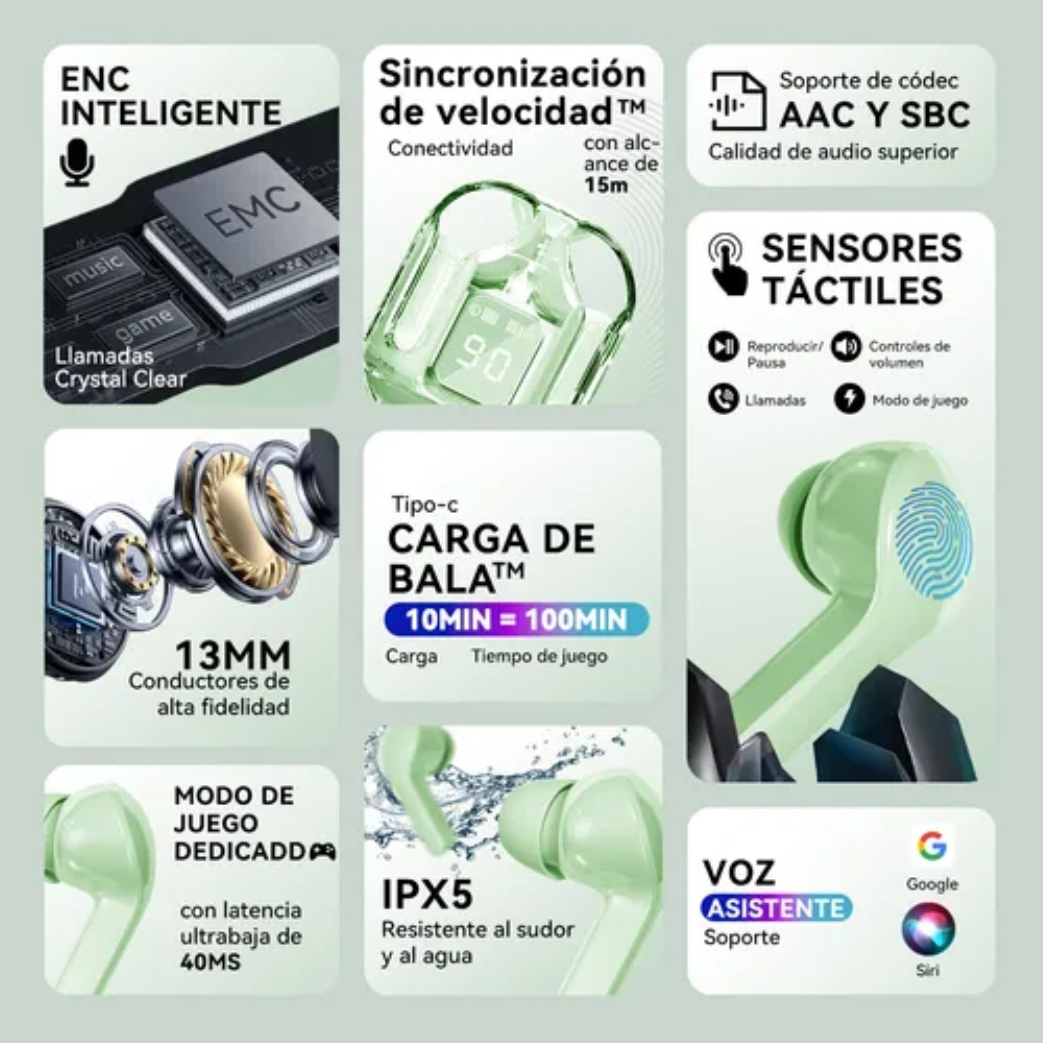 Audífonos Inalámbricos Bluetooth 5.3 Tws Hifi Hd Auriculares Verdes
