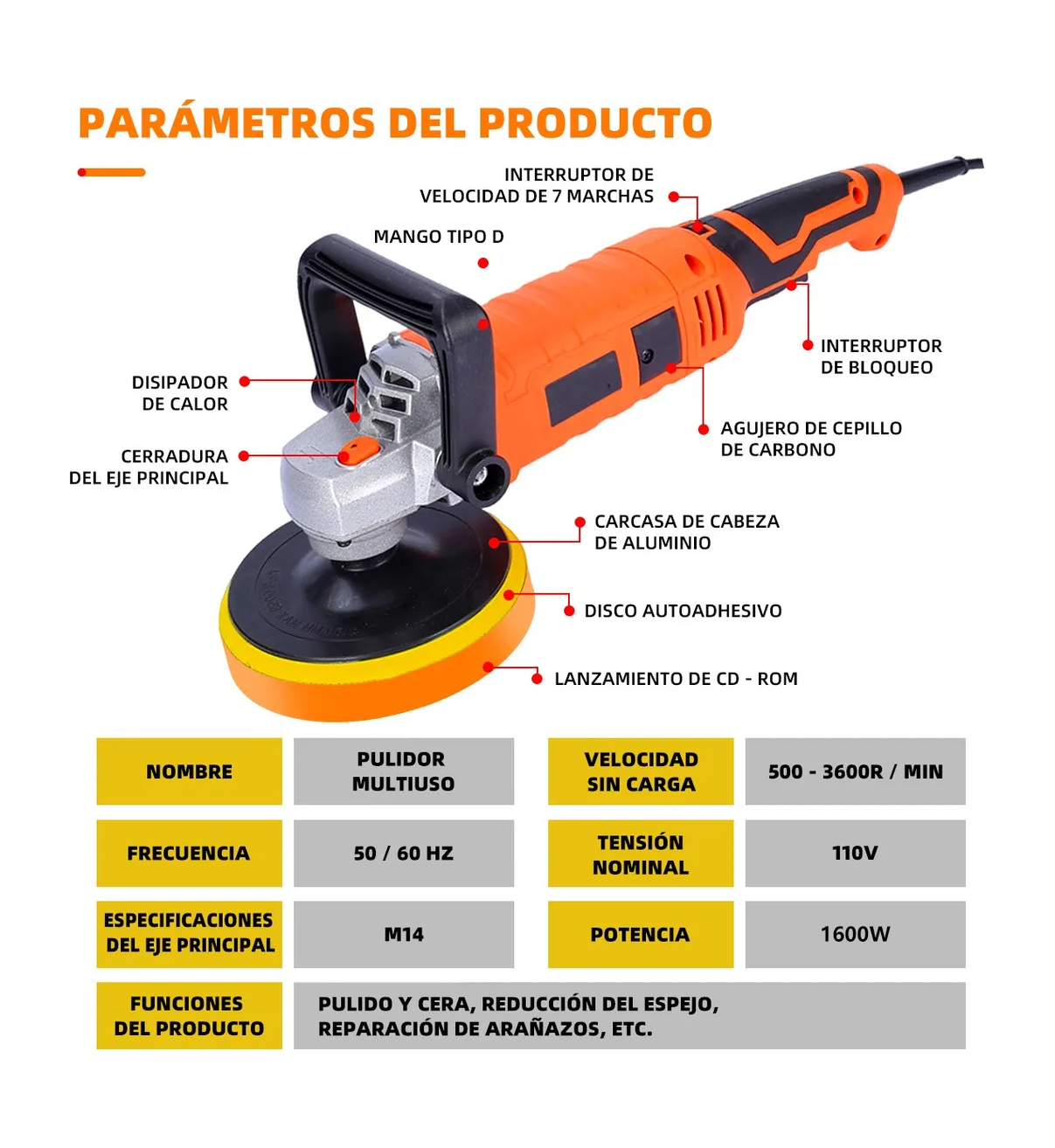 Pulidora Eléctricos Para Auto Alijar Esponja 1600w 16 Piezas Malubero