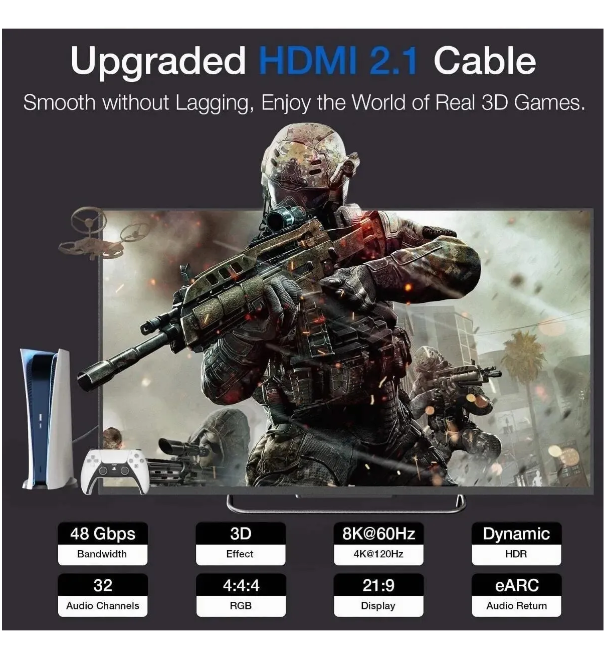 1 Metro Cable Hdmi 2.1 Vídeo 4k 120hz 8k 60hz Ps5 Ps4 Xbox Malubero Color Negro
