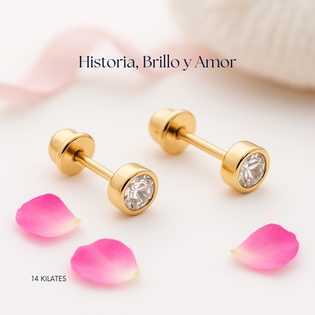 Aretes de circonia bicelada  Authshine oro amarillo de 10 kilates 4mm,mujer y niña