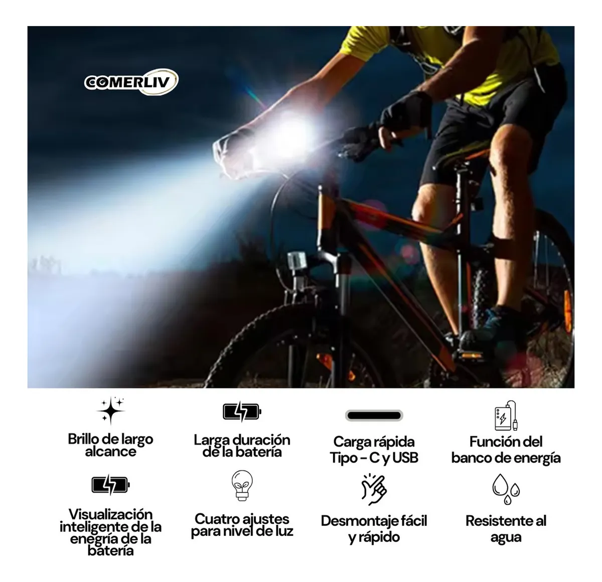 Lámpara LED para bicicleta 2 en 1 con linterna de mano impermeable recargable por USB con 4 modos de luz