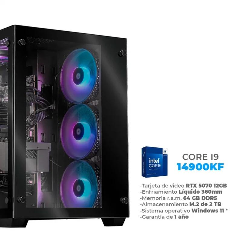 Barragan V3 - Core i9 14900KF, RTX 5070 12GB, 64GB RAM DDR5, 2TB M.2 NVME, Wifi 6, BT, Enfriamiento Líquido de 360mm