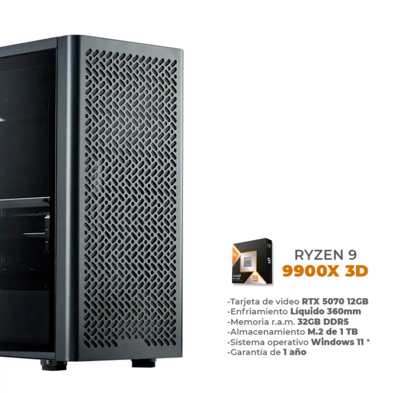 Bloom - Ryzen 9 9900X 3D, RTX 5070 12GB, 32GB RAM DDR5, 1TB M.2 NVME, Wifi 6E, BT, Enfriamiento Líquido de 360mm