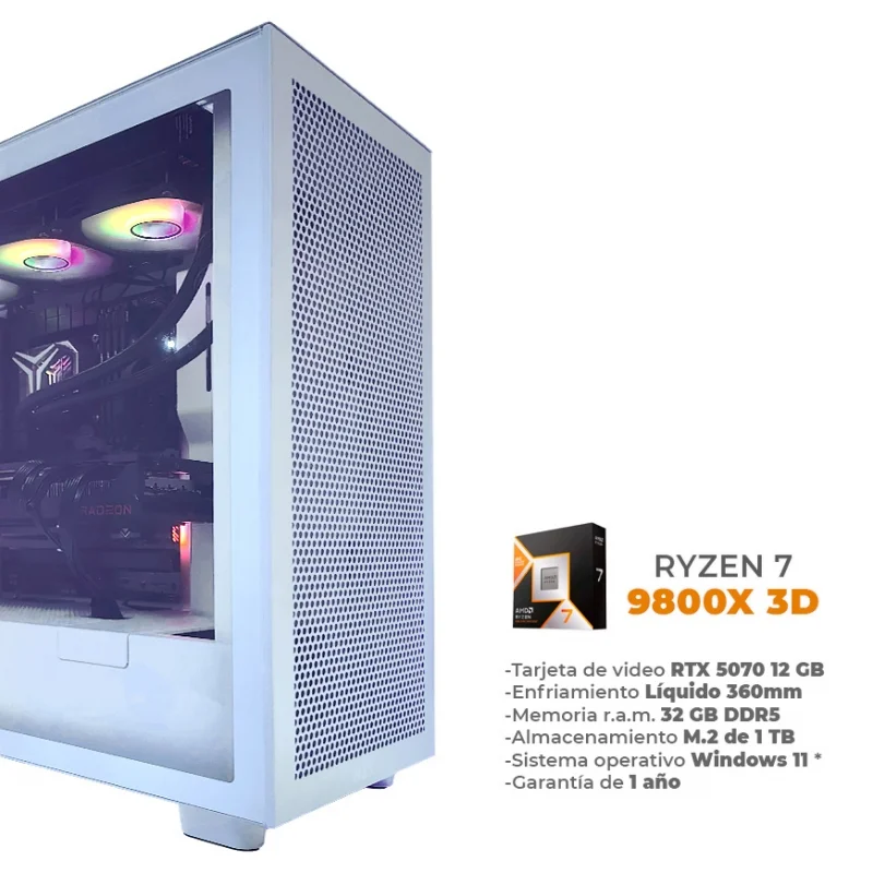 Pulsar V2 - Ryzen 7 9800X 3D, RTX 5070 12GB, 32GB RAM DDR5, Enfriamiento Líquido 360mm, WiFi 6, BT