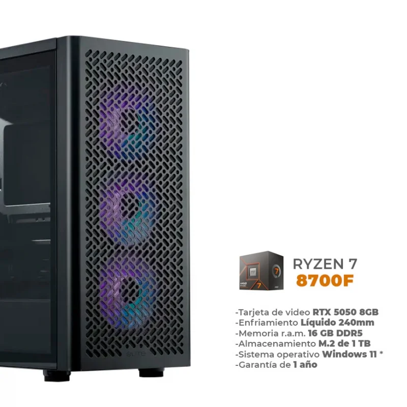 Dev - Ryzen 7 8700F, RTX 5050 8GB, 16GB RAM DDR5, 1TB M.2 NVME, Enfriamiento Líquido de 240mm