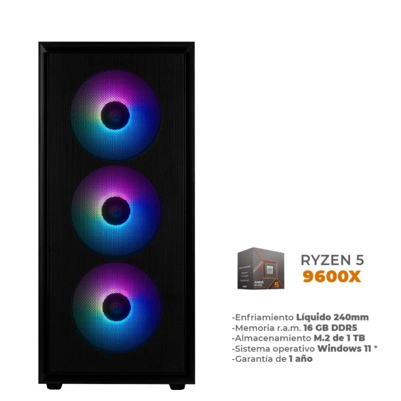 Theran - AMD Ryzen 5 9600X, 16GB DDR5, 1TB M.2 NVME, Wifi 6, BT, Enfriamiento Liquido 240mm