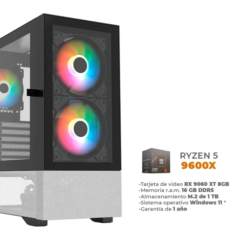 Neo V2 - Ryzen 5 9600X, RX 9060 XT 8GB, 16GB DDR5, 1TB M.2 NVME, Wifi 6, BT, Líquido de 240mm