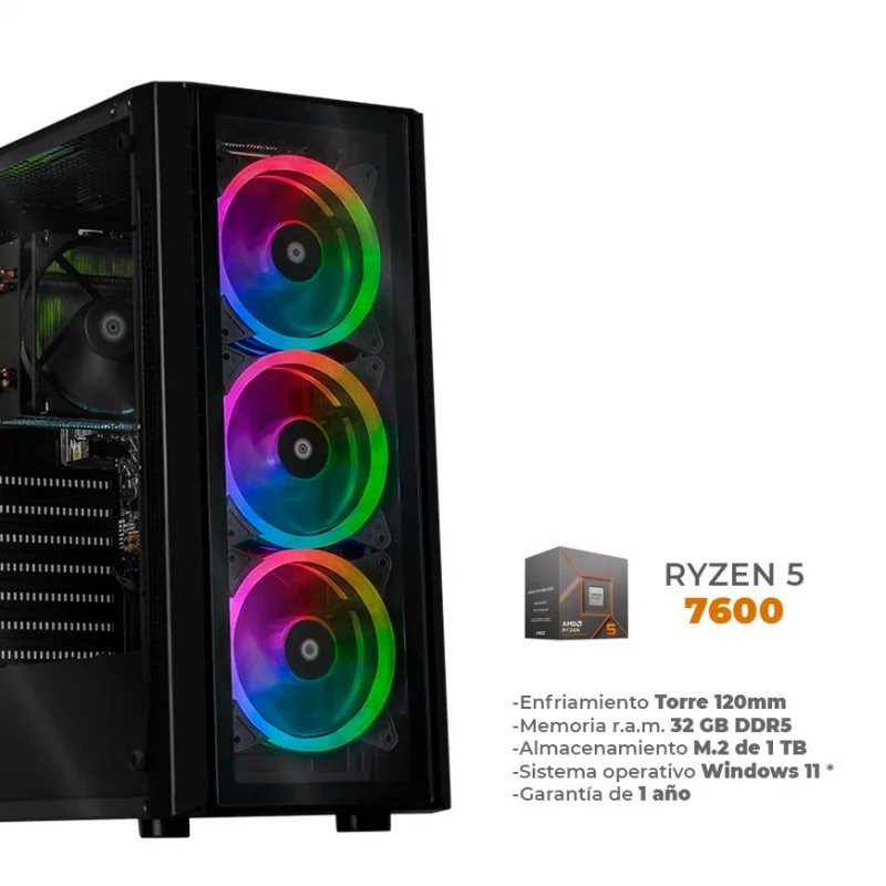 Rengo - Ryzen 5 7600, 32GB RAM DDR5, 1TB M.2 NVME, Enfriamiento Torre 120mm