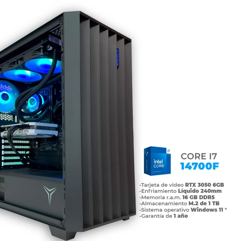 Leviatan V3 - Core i7 14700F, RTX 3050 6GB, 16GB R.A.M. DDR5, Enfriamiento Líquido 240mm, Sin Wifi